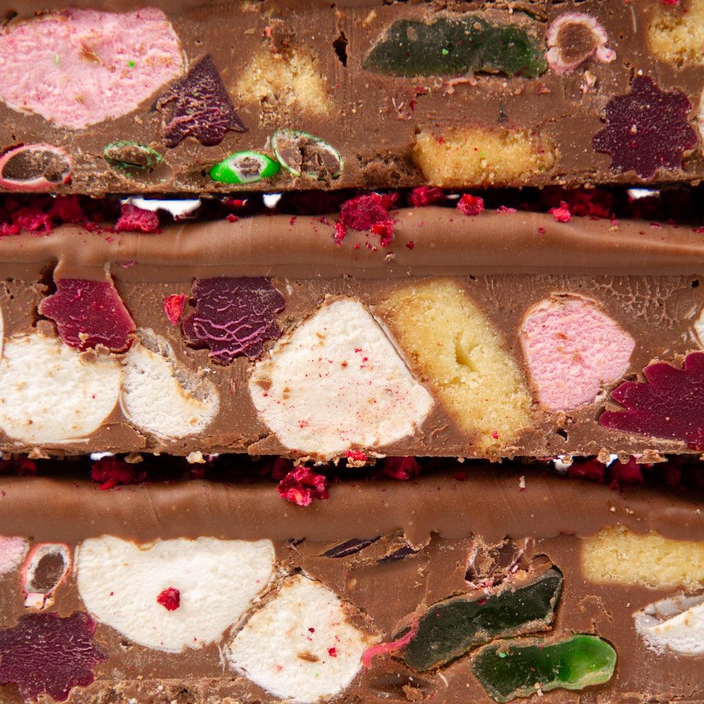 Close-up of layered chocolate bars with visible ingredients