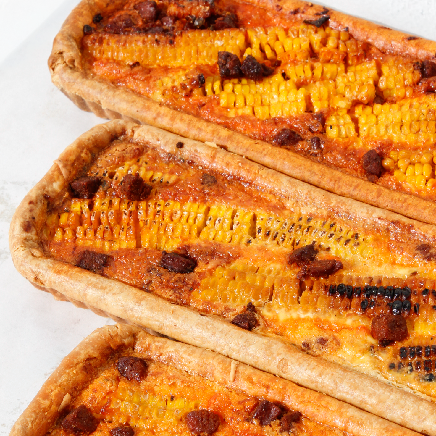 Sweetcorn, Manchego & Chorizo Long Tart
